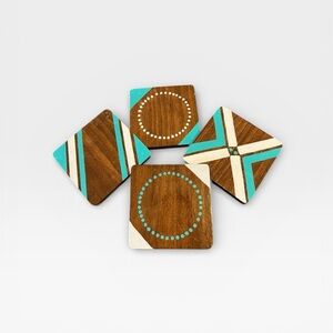 4 Handmade Coasters Brown Blue White Patterned
